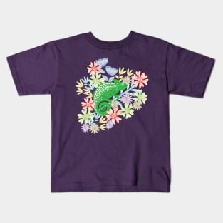 CHAMELEONS JUST WANNA HAVE FUN Cute Reptile Lizard with Rainforest Jungle Flowers in Jungle Green - UnBlink Studio by Jackie Tahara Kids T-Shirt